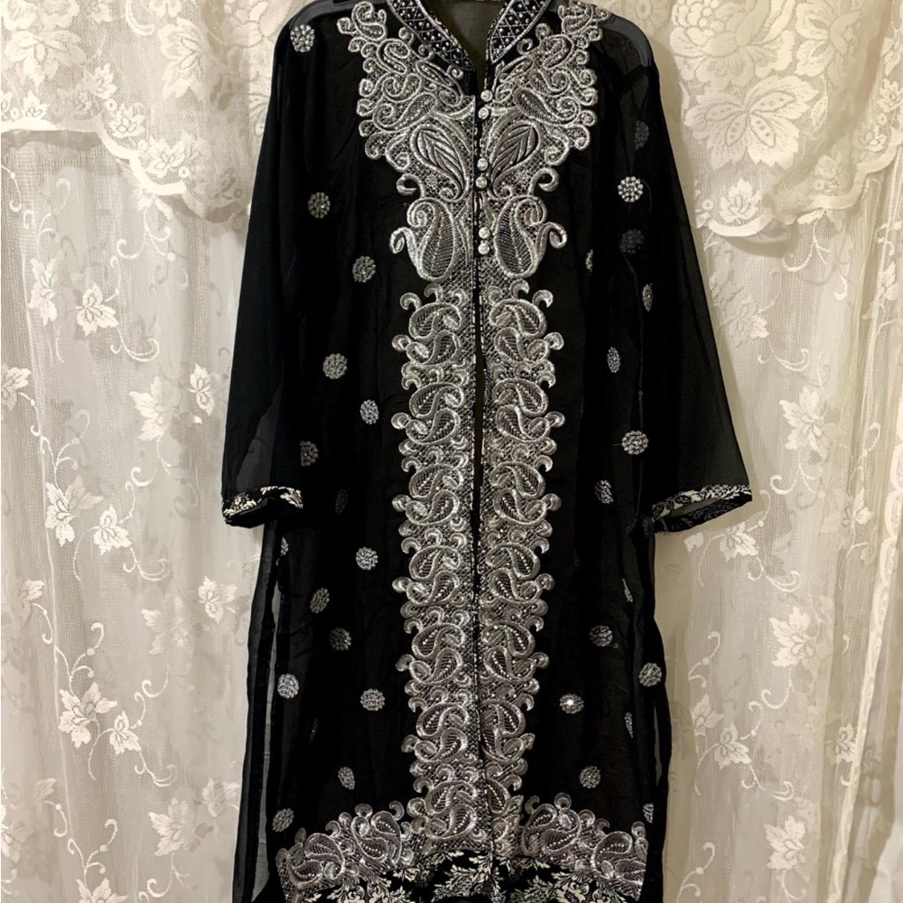 SOLD - Elegant Black and Silver Embroidered Kaftan/Kameez Three Piece